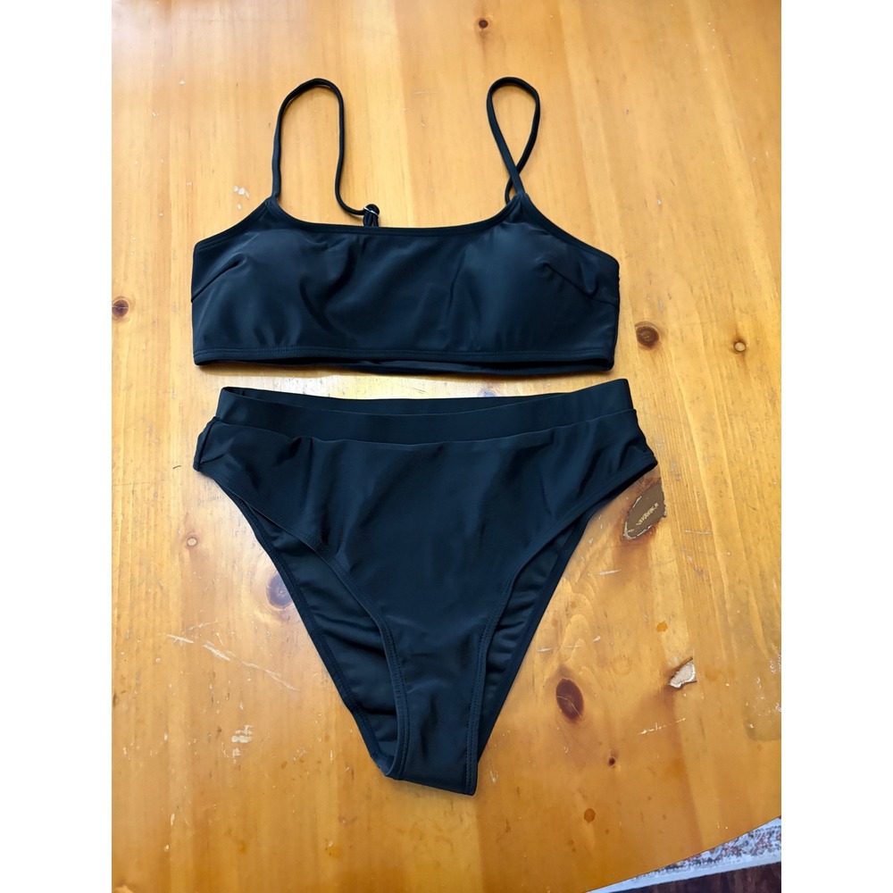 Black High Waisted Bikini Set Scoop Neck Two Piece Swimsuit Women Size M